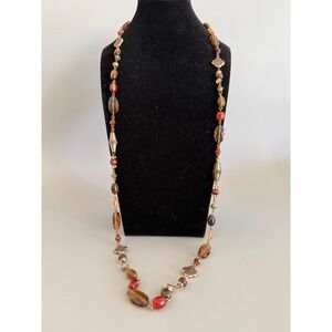 Lauren Ralph Lauren Beaded Necklace 35" Opera Stone Beads Brass Tone Fall Colors